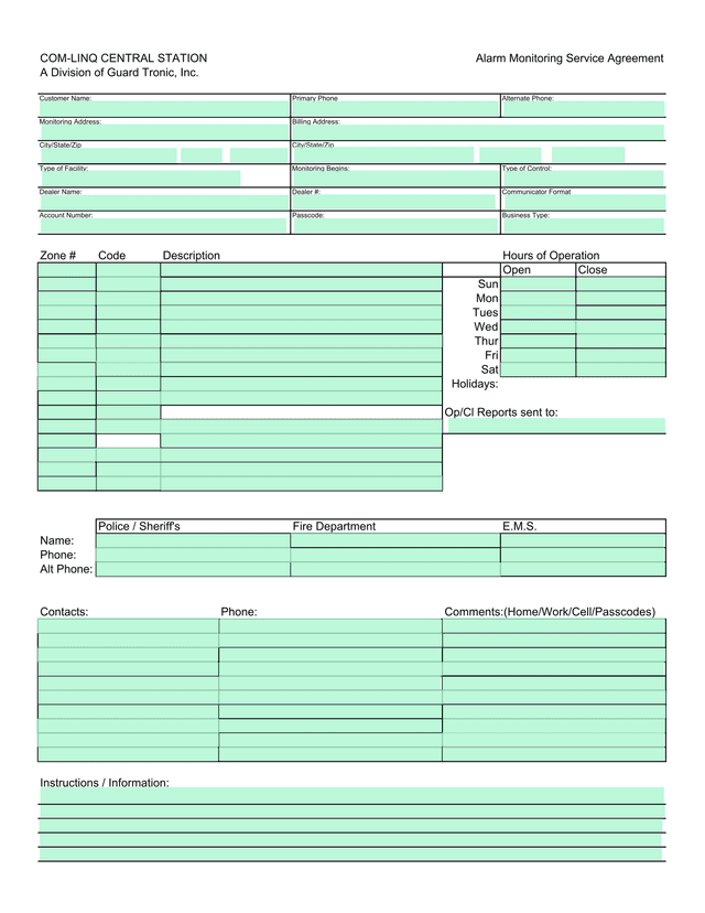 COM LINQ CENTRAL STATION Alarm Monitoring Service Agreement screenshot