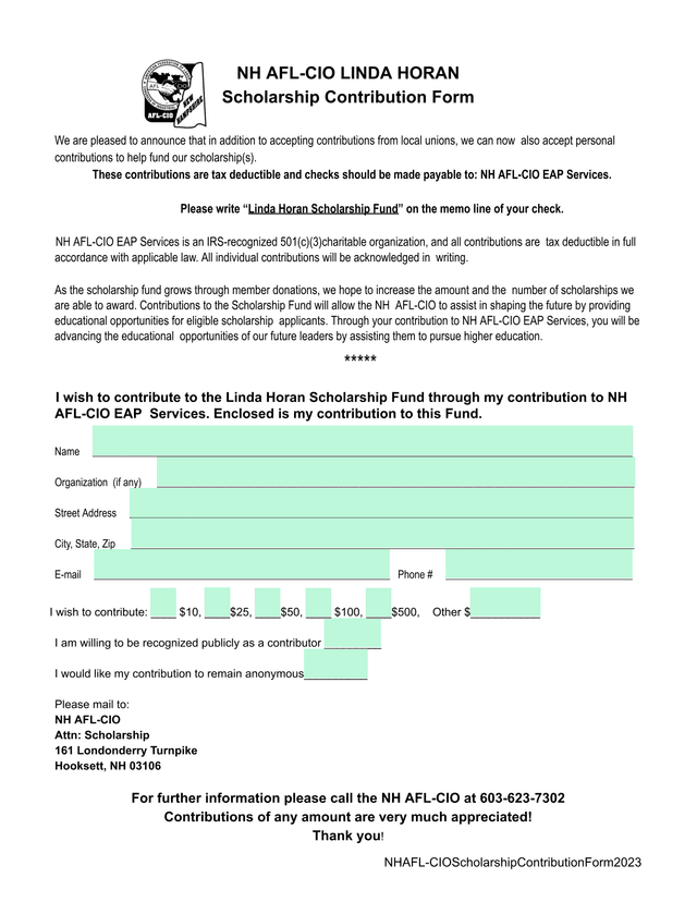 NH AFL CIO Linda Horan Scholarship Contribution Form screenshot