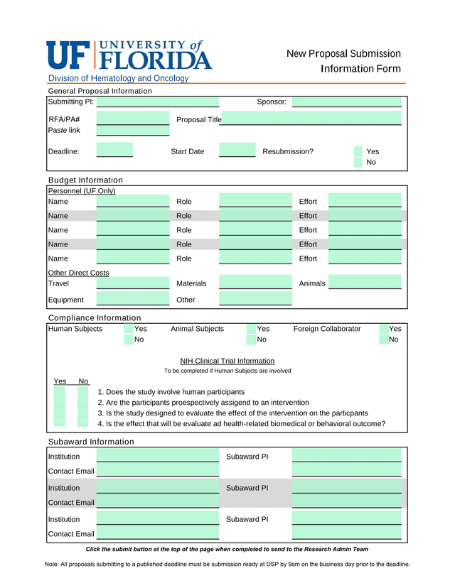 New Proposal Submission Information Form screenshot