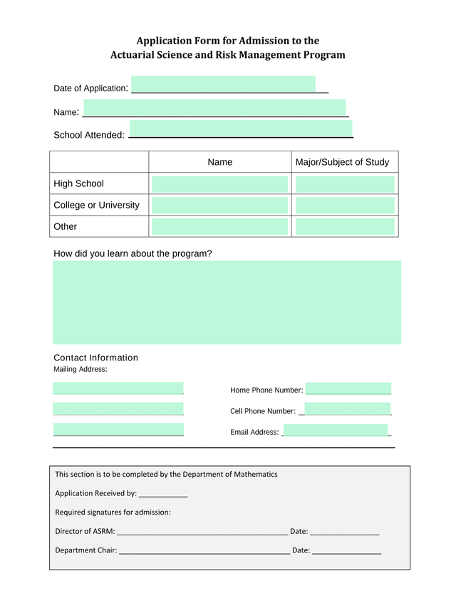 Application Form For Admission To The Actuarial Science And Risk Management Program screenshot
