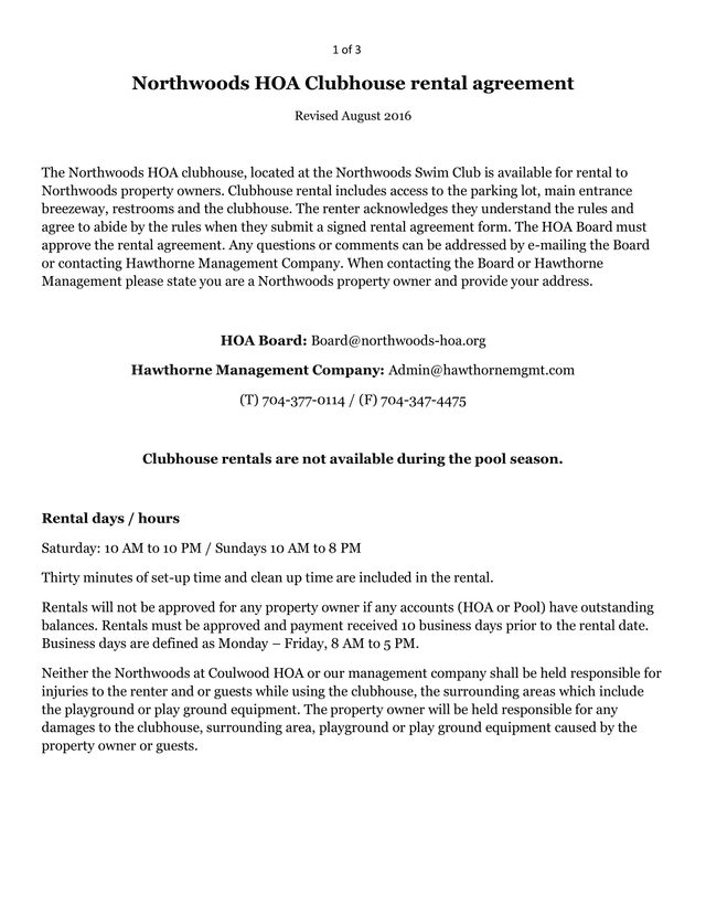 Northwoods HOA Clubhouse Rental Agreement screenshot