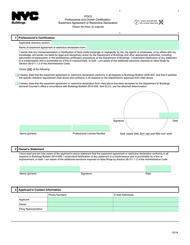 POC3 Professional And Owner Certification Easement Agreement Or Restrictive Declaration screenshot