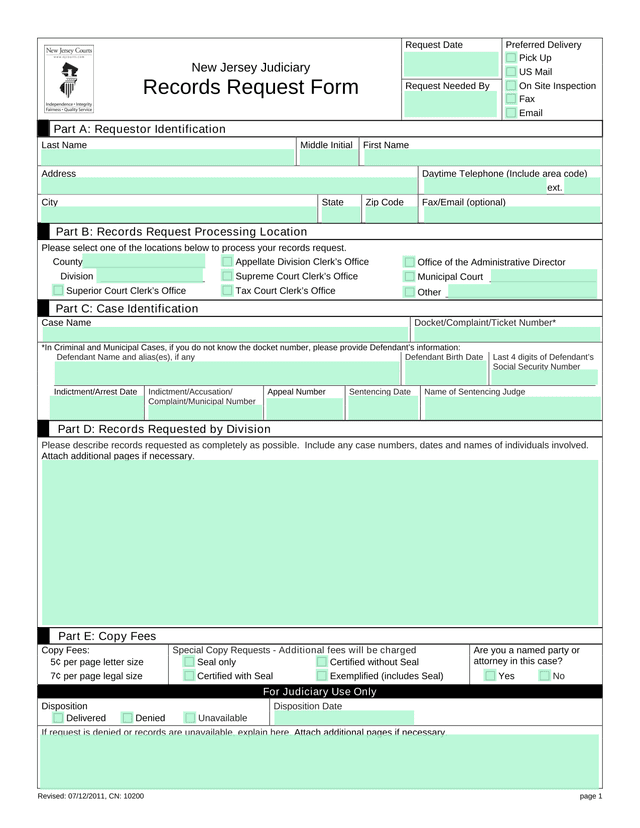 New Jersey Judiciary Records Request Form screenshot