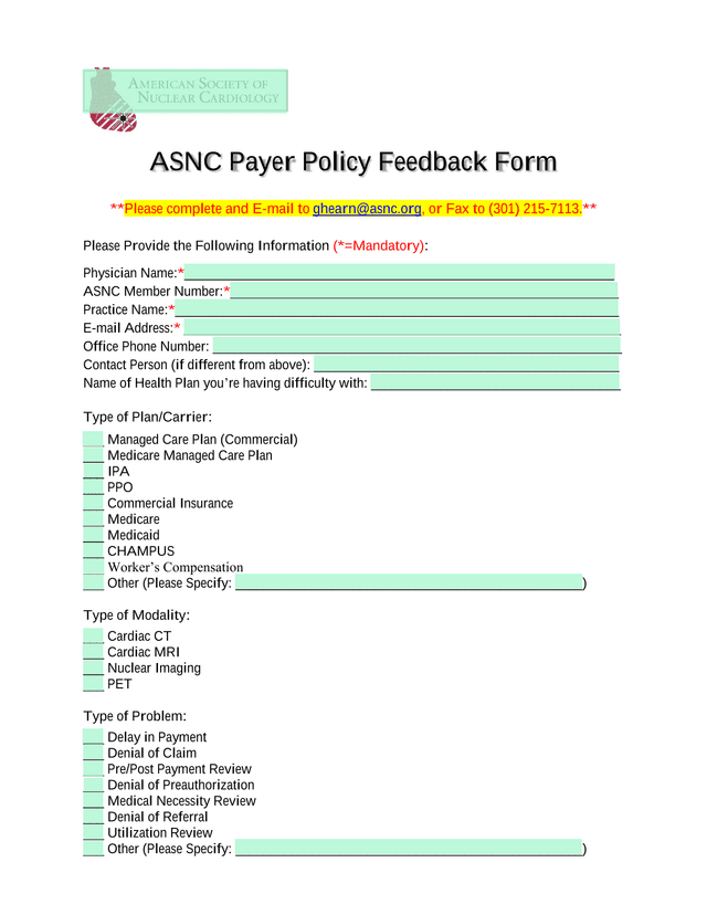 ASNC Payer Policy Feedback Form screenshot