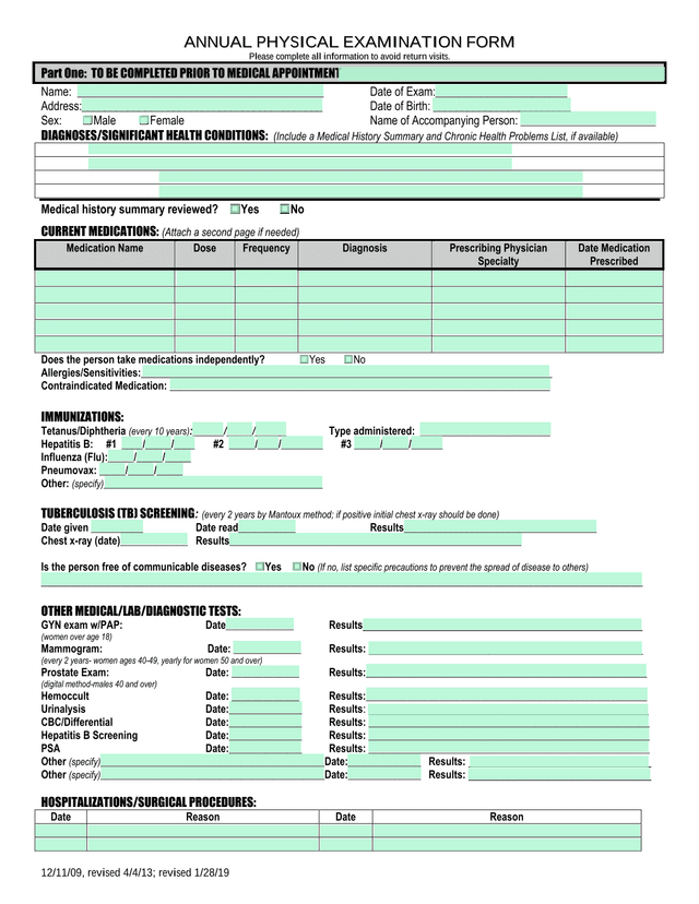 Annual Physical Examination Form screenshot