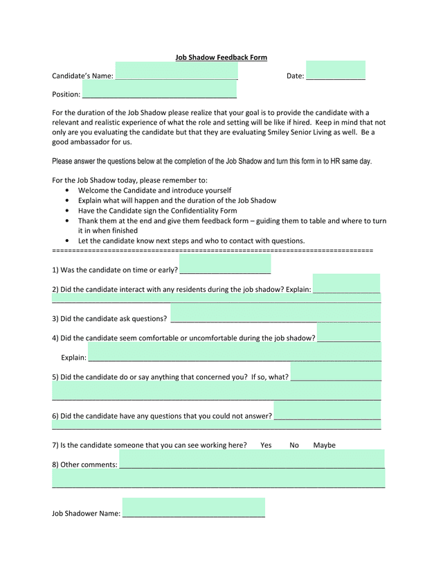 Job Shadow Feedback Form screenshot