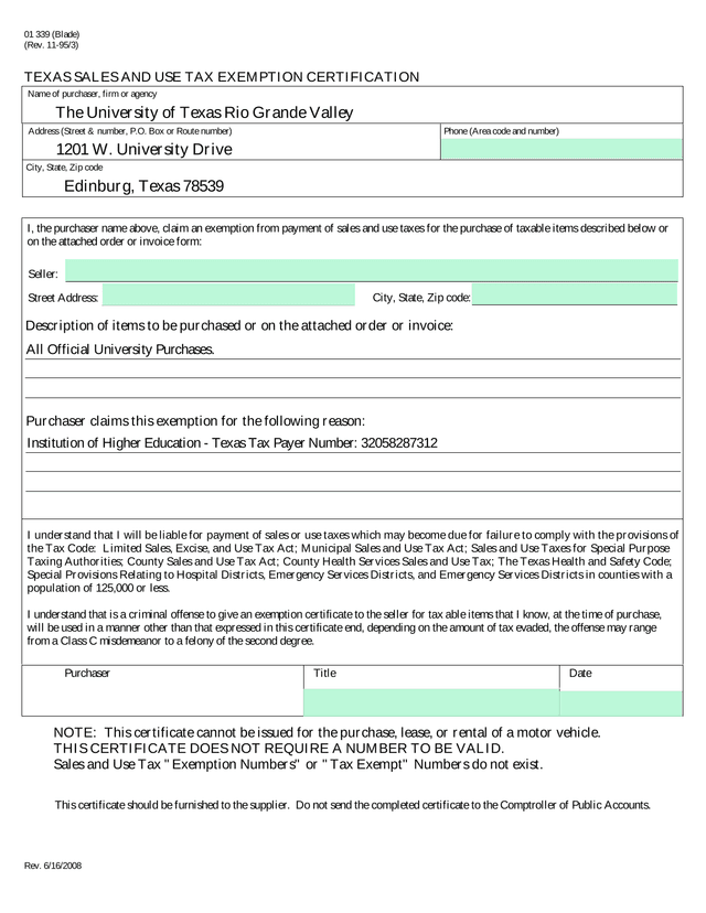 Texas Sales And Use Tax Exemption Certification screenshot
