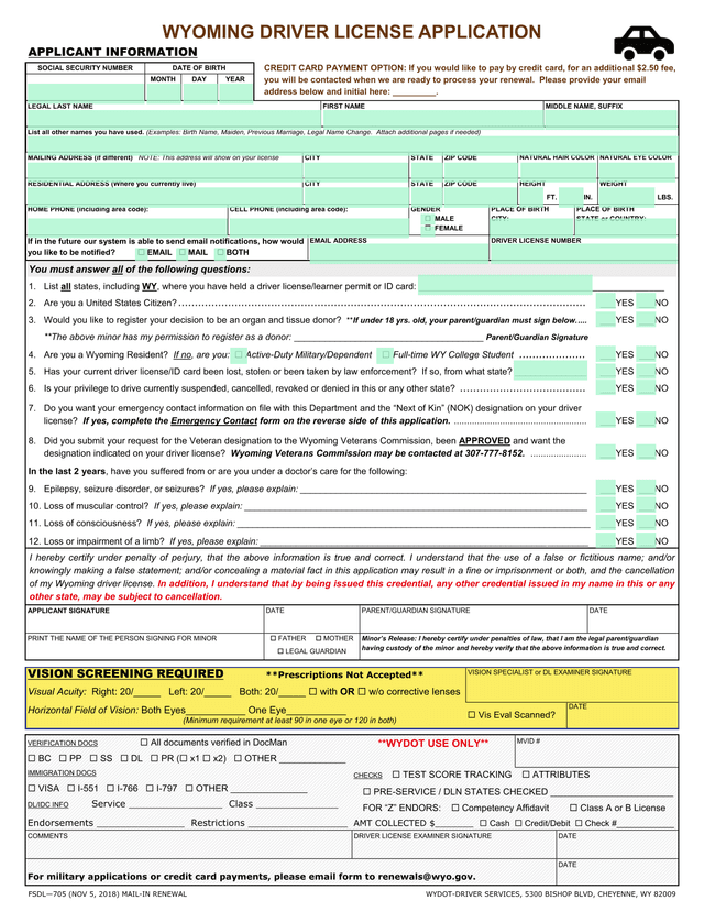 Wyoming Driver License Application screenshot
