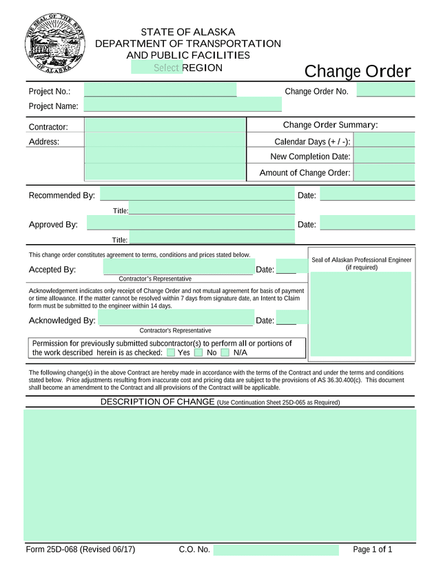 Form 25D 068 Change Order screenshot