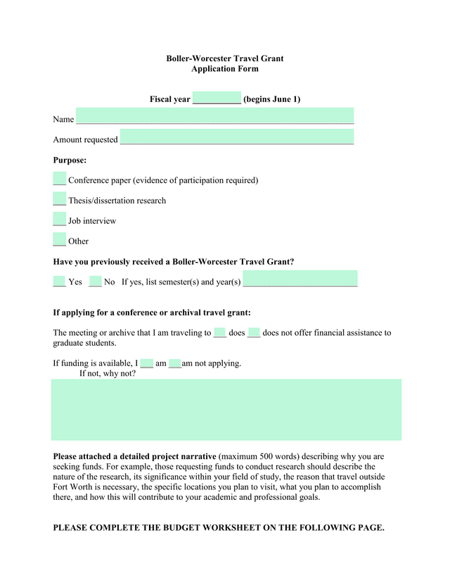 Boller Worcester Travel Grant Application Form screenshot