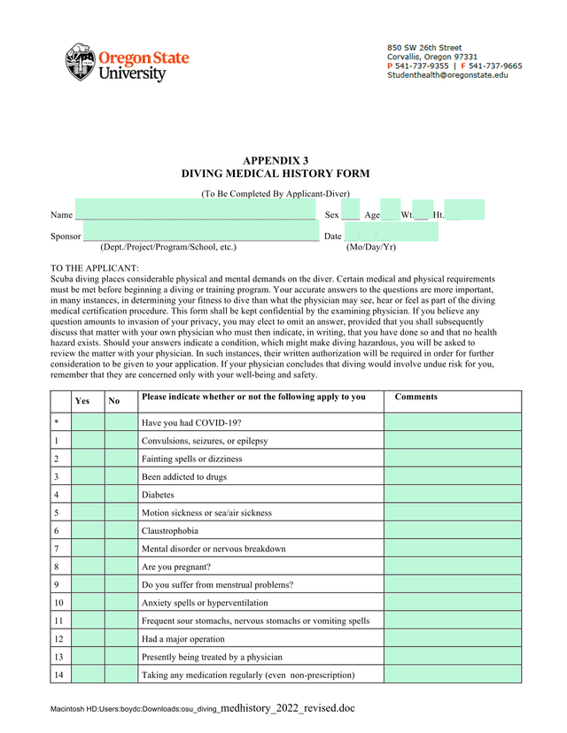 Diving Medical History Form screenshot
