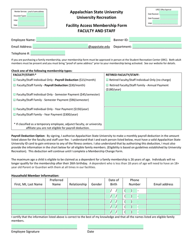 Appalachian State University Facility Access Membership Form screenshot