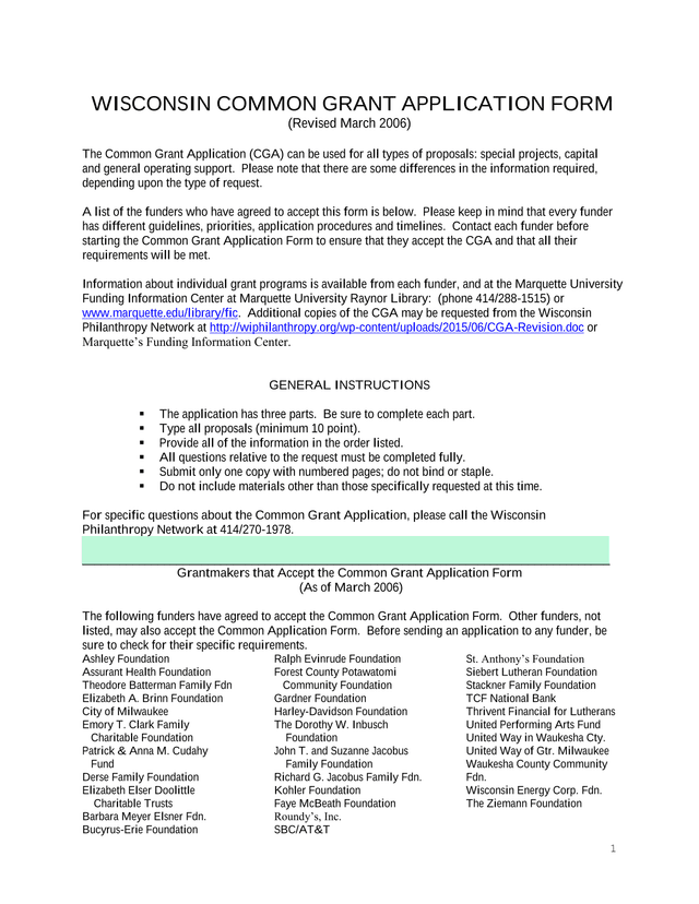 Wisconsin Common Grant Application Form screenshot