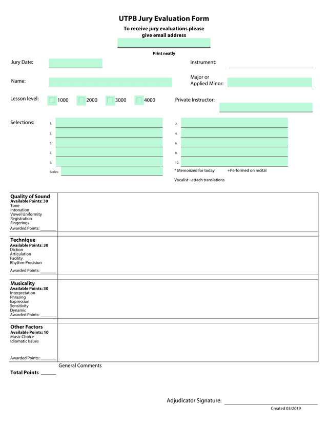 UTPB Jury Evaluation Form screenshot
