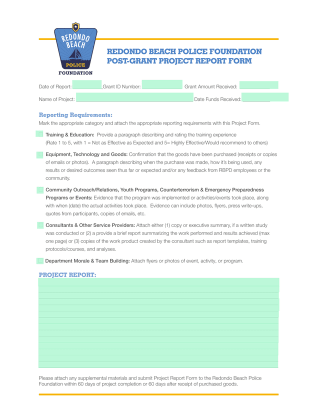 Redondo Beach Police Foundation Post Grant Project Report Form screenshot