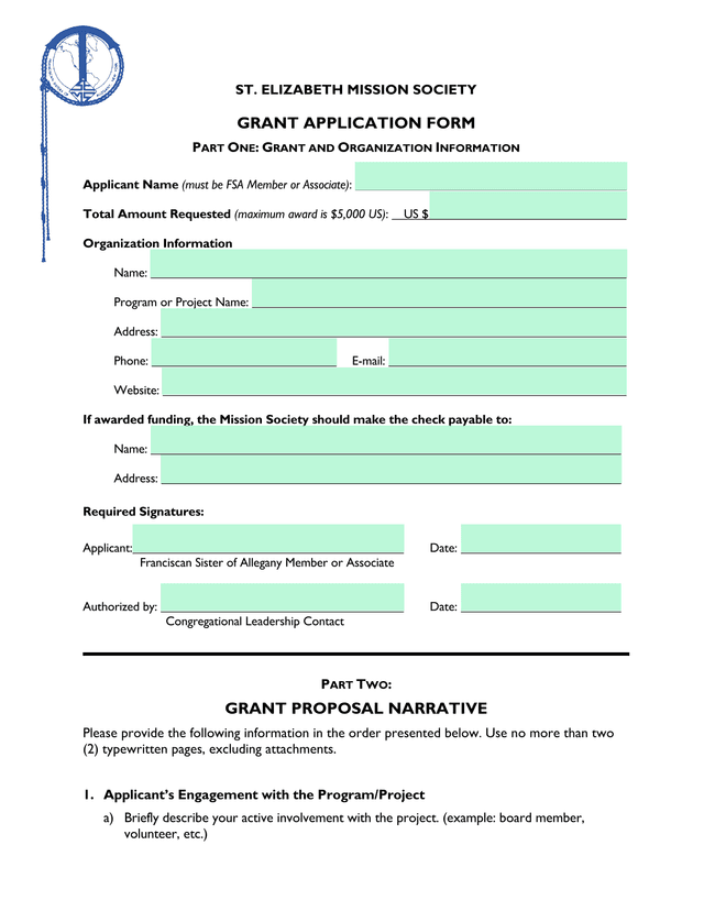 ST. ELIZABETH MISSION SOCIETY GRANT APPLICATION FORM screenshot