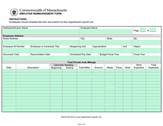 Commonwealth Of Massachusetts EMPLOYEE REIMBURSEMENT FORM screenshot
