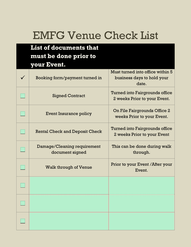 EMFG Venue Check List screenshot