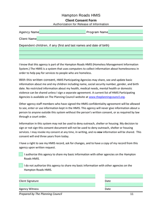 Hampton Roads HMIS Client Consent Form screenshot