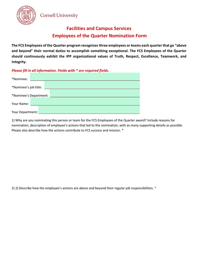 Facilities And Campus Services Employees Of The Quarter Nomination Form screenshot