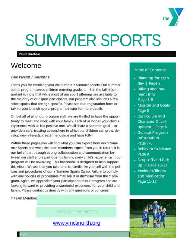 Y Summer Sports Parent Handbook screenshot