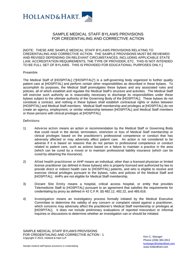 Sample Medical Staff Bylaws Provisions For Credentialing And Corrective Action screenshot