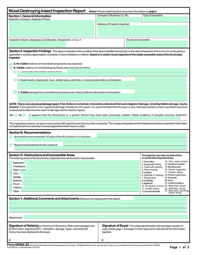 Wood Destroying Insect Inspection Report screenshot