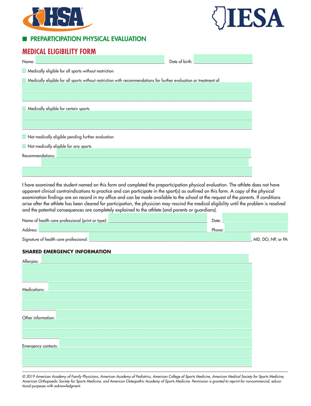 Preparticipation Physical Evaluation Medical Eligibility Form screenshot