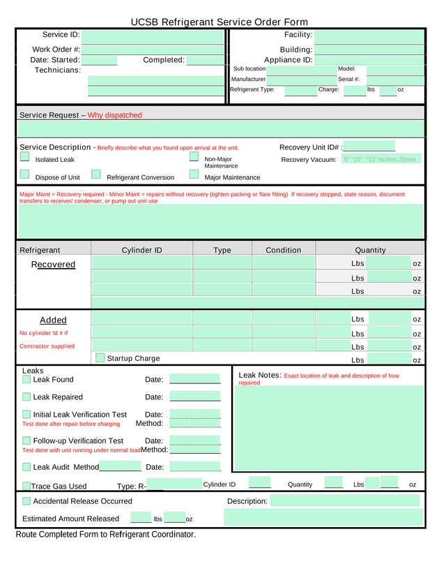UCSB Refrigerant Service Order Form screenshot