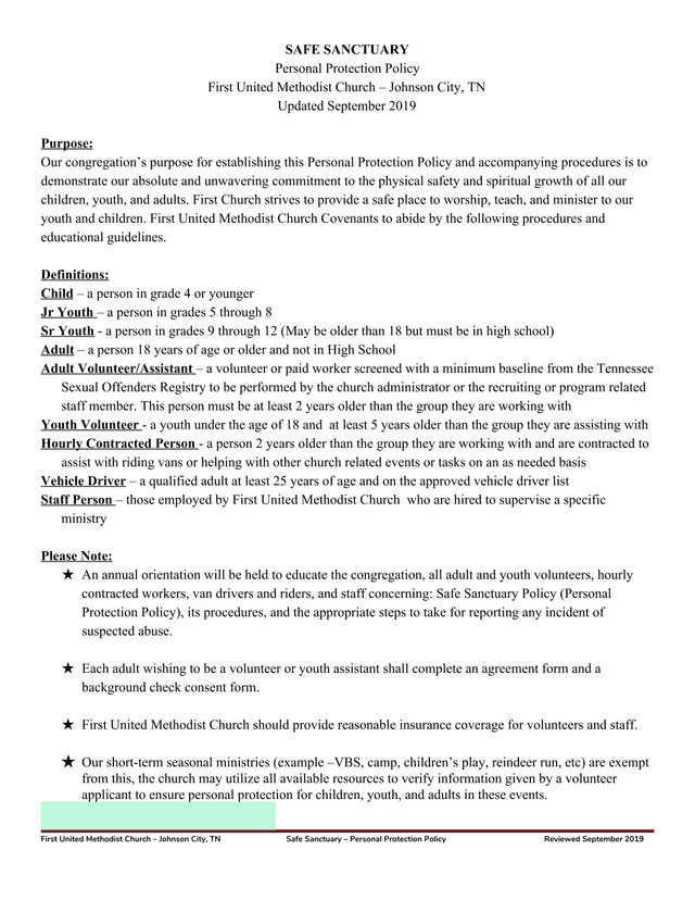 Safe Sanctuary Personal Protection Policy screenshot