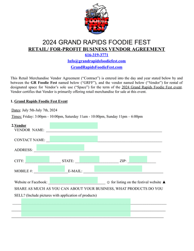 2024 Grand Rapids Foodie Fest RetailFor Profit Business Vendor Agreement screenshot