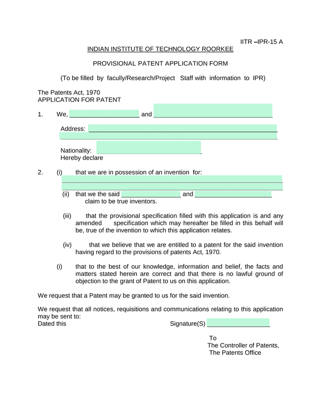 PROVISIONAL PATENT APPLICATION FORM screenshot