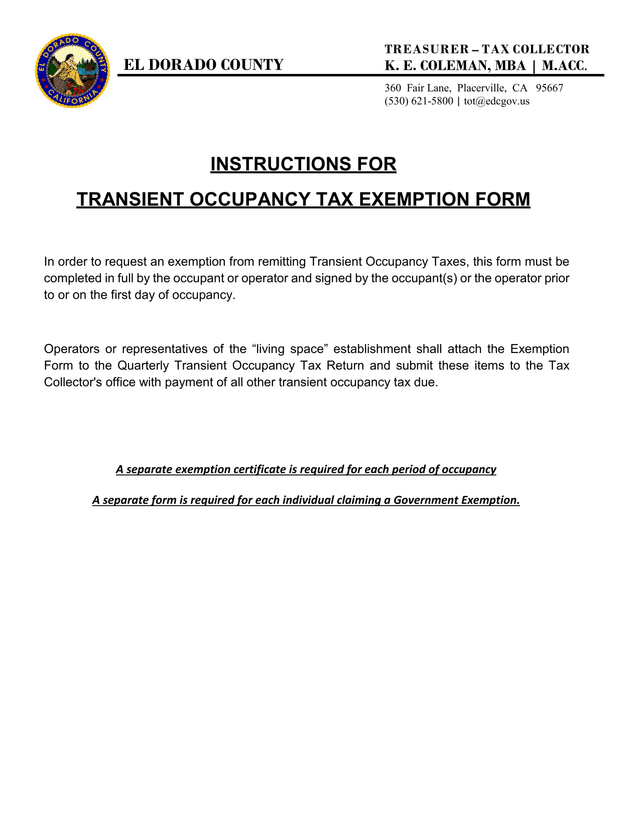 Transient Occupancy Tax Exemption Form screenshot
