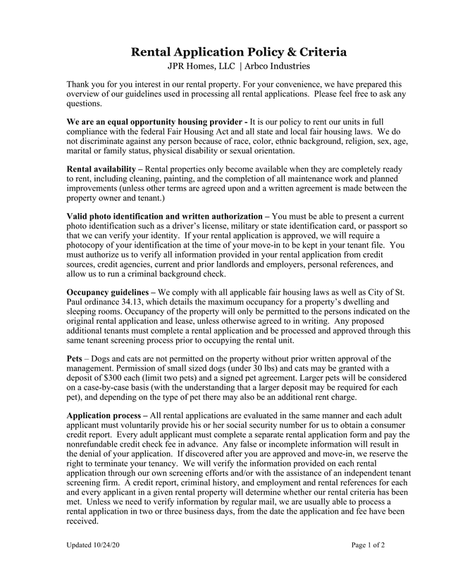 Rental Application Policy  Criteria screenshot