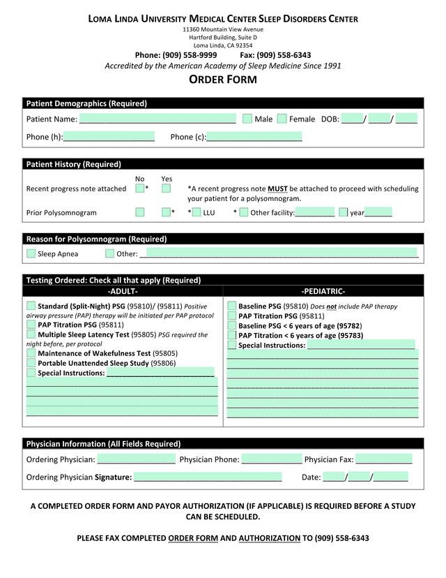 Loma Linda University Medical Center Sleep Disorders Center Order Form screenshot