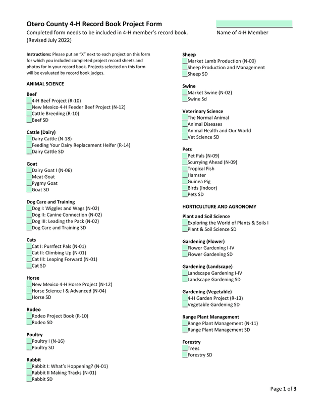 Otero County 4 H Record Book Project Form screenshot