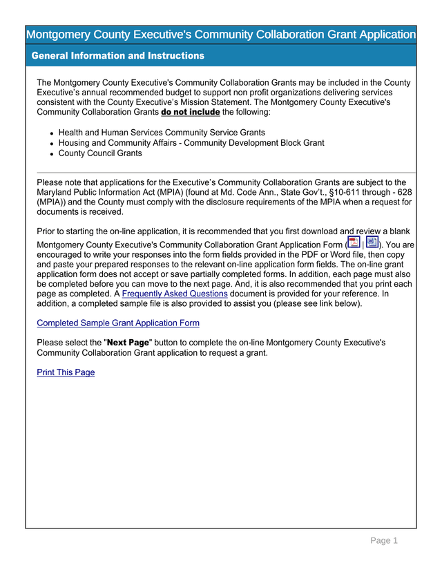 Montgomery County ExecutiveS Community Collaboration Grant Application screenshot