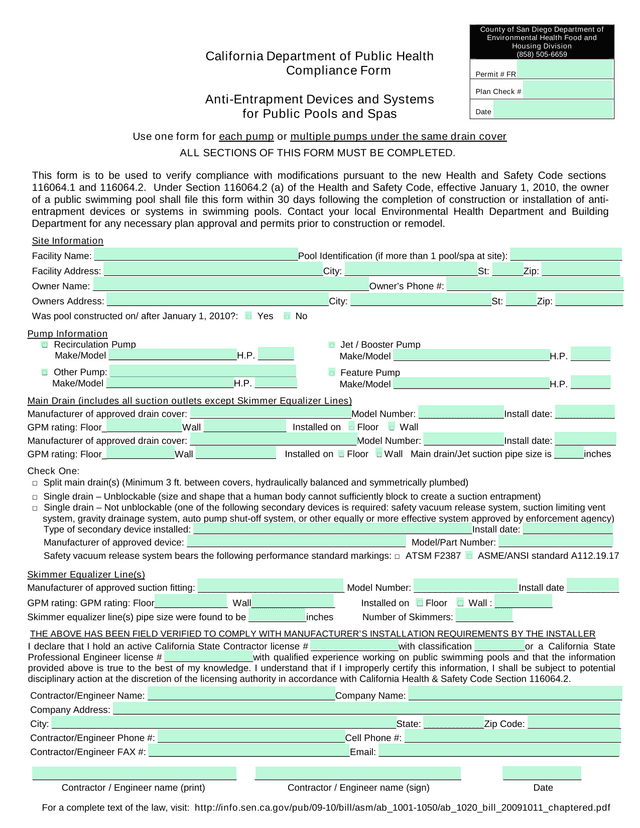 California Department Of Public Health Compliance Form Anti Entrapment Devices And Systems For Publi screenshot