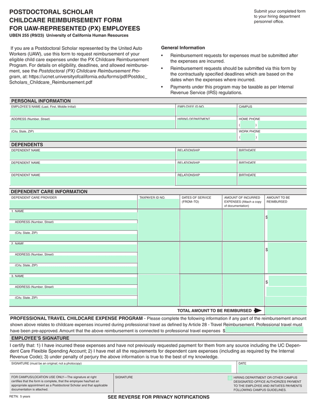 Postdoctoral Scholar Childcare Reimbursement Form screenshot