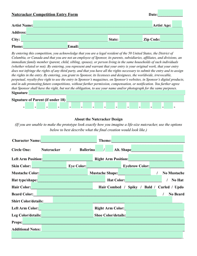 Nutcracker Competition Entry Form screenshot
