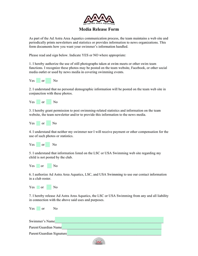 Media Release Form screenshot
