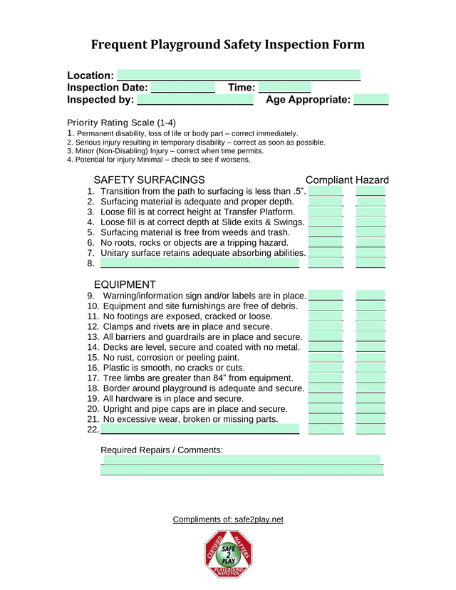 Frequent Playground Safety Inspection Form screenshot