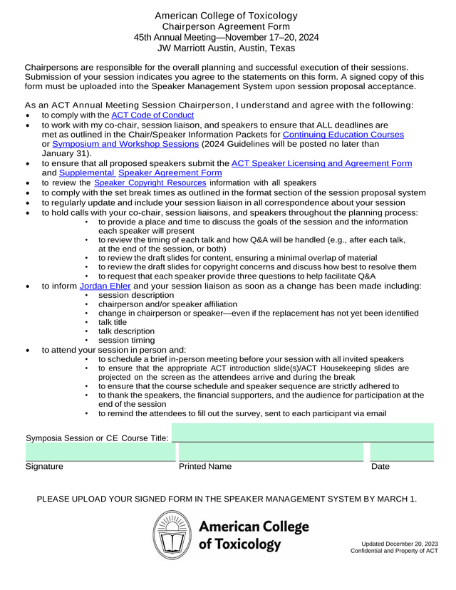 Chairperson Agreement Form screenshot