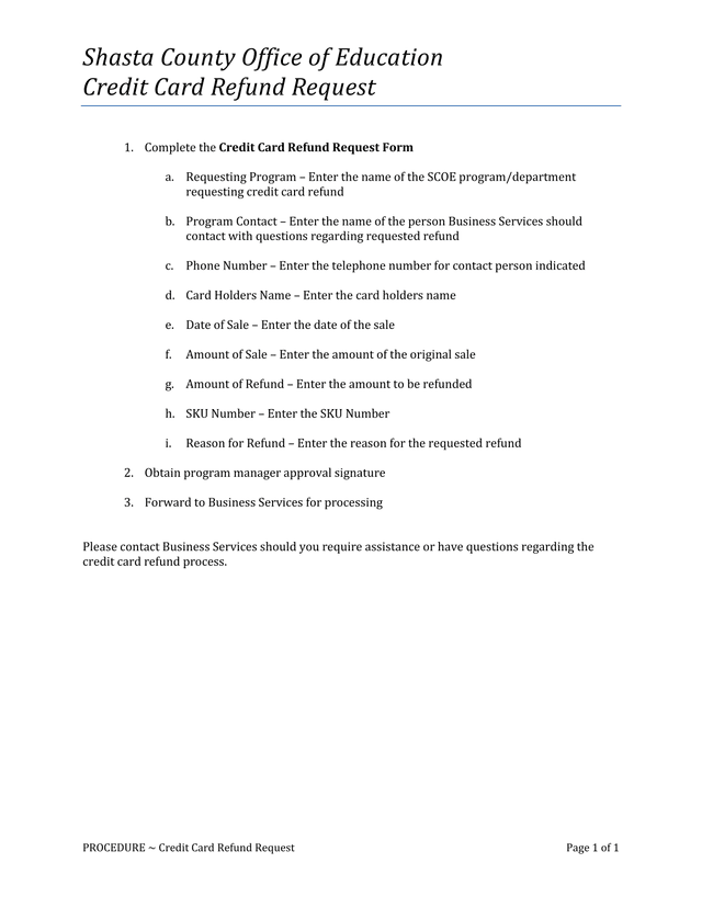Credit Card Refund Request screenshot