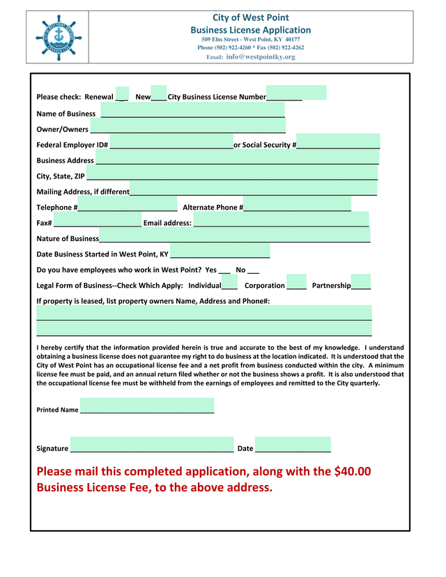 City Of West Point Business License Application screenshot