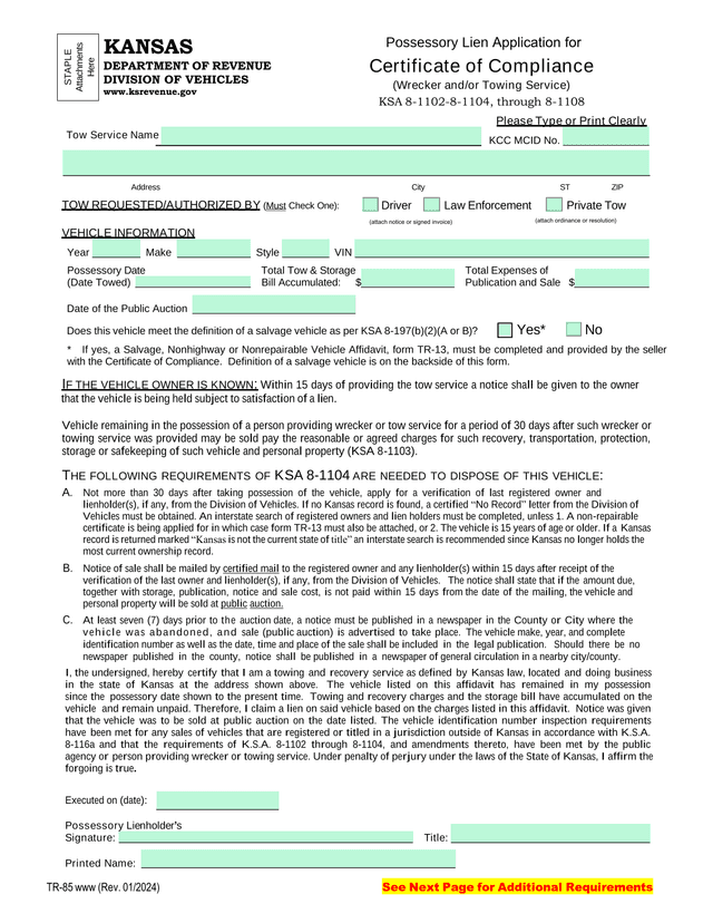 Possessory Lien Application For Certificate Of Compliance (Wrecker AndOr Towing Service) screenshot