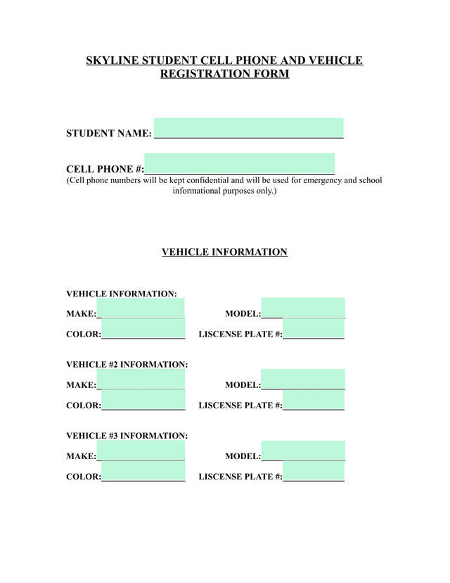 SKYLINE STUDENT CELL PHONE AND VEHICLE REGISTRATION FORM screenshot