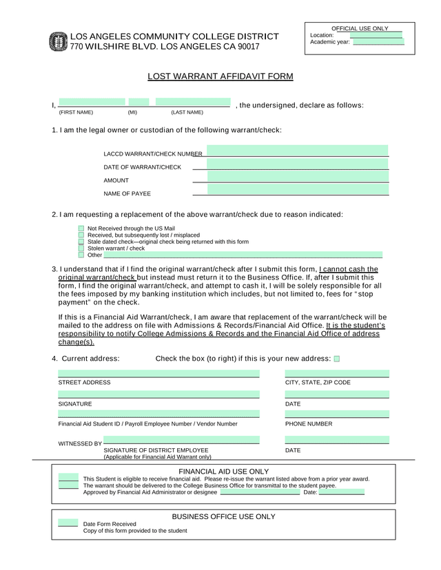 Lost Warrant Affidavit Form screenshot