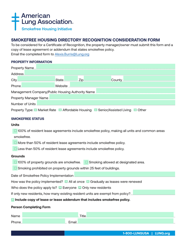 Smokefree Housing Directory Recognition Consideration Form screenshot