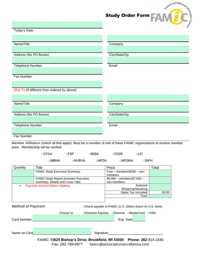 Study Order Form screenshot